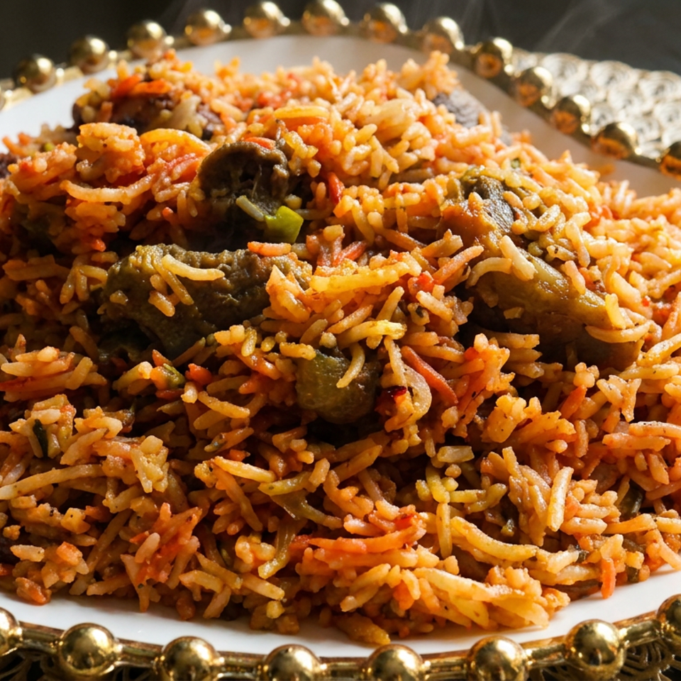 A large platter of spiced orange rice with mushrooms and vegetables sits on an ornate silver serving tray.