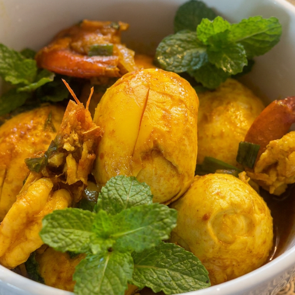 Bowl of golden egg curry with vegetables and fresh mint leaves, served in a white dish.