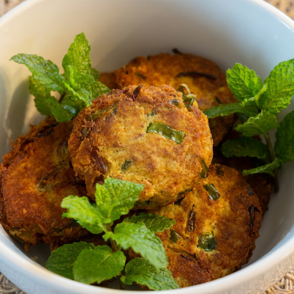 Golden fried vegetable patties garnished with fresh mint leaves in a white bowl on a woven placemat.